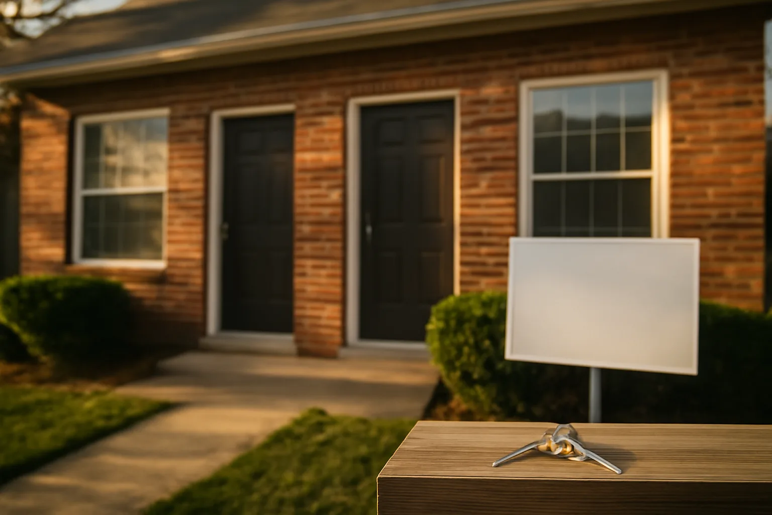 Small rental duplex exterior with keys on porch railing at sunset