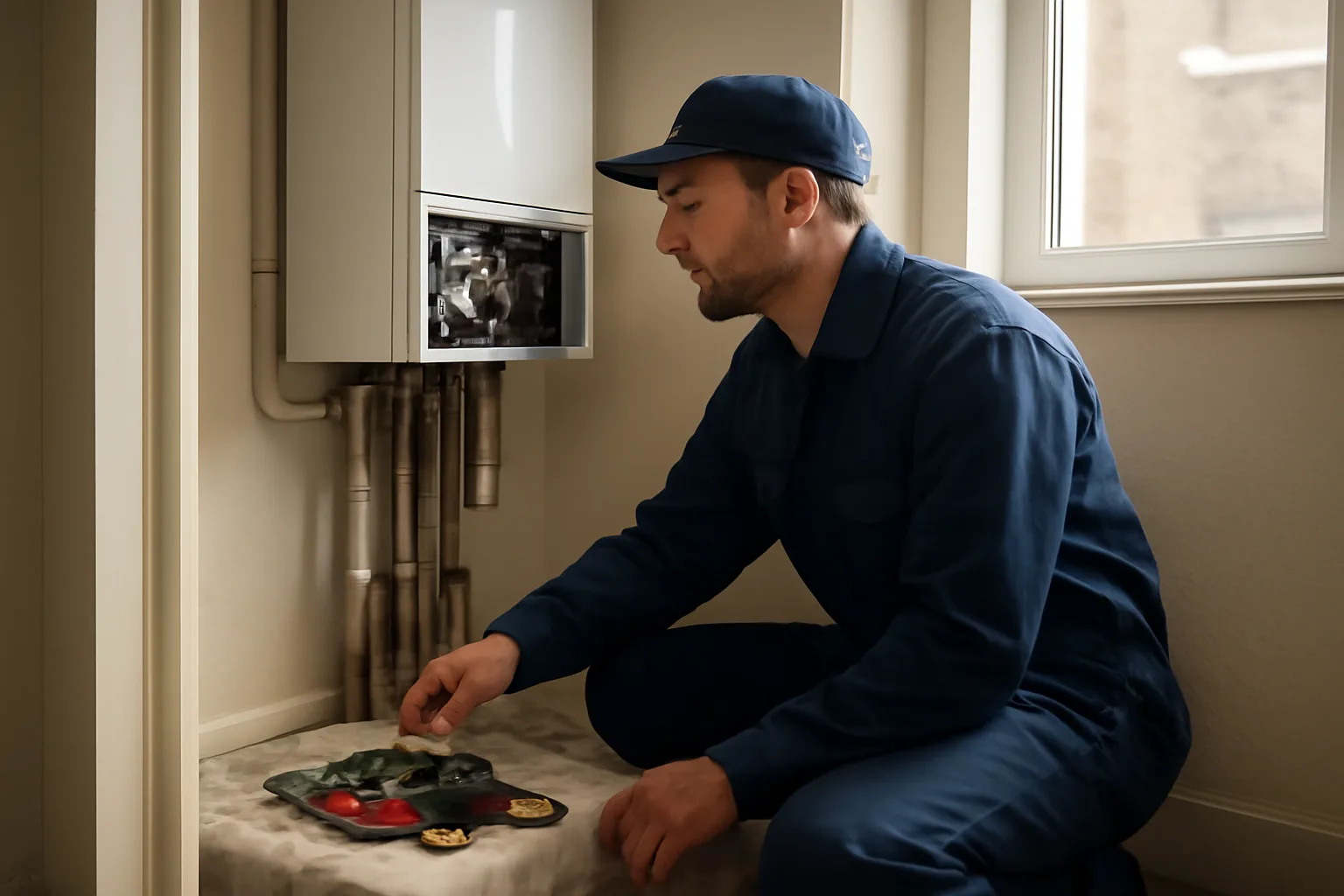 Gas engineer inspecting a wall-mounted boiler in a UK rental property utility cupboard