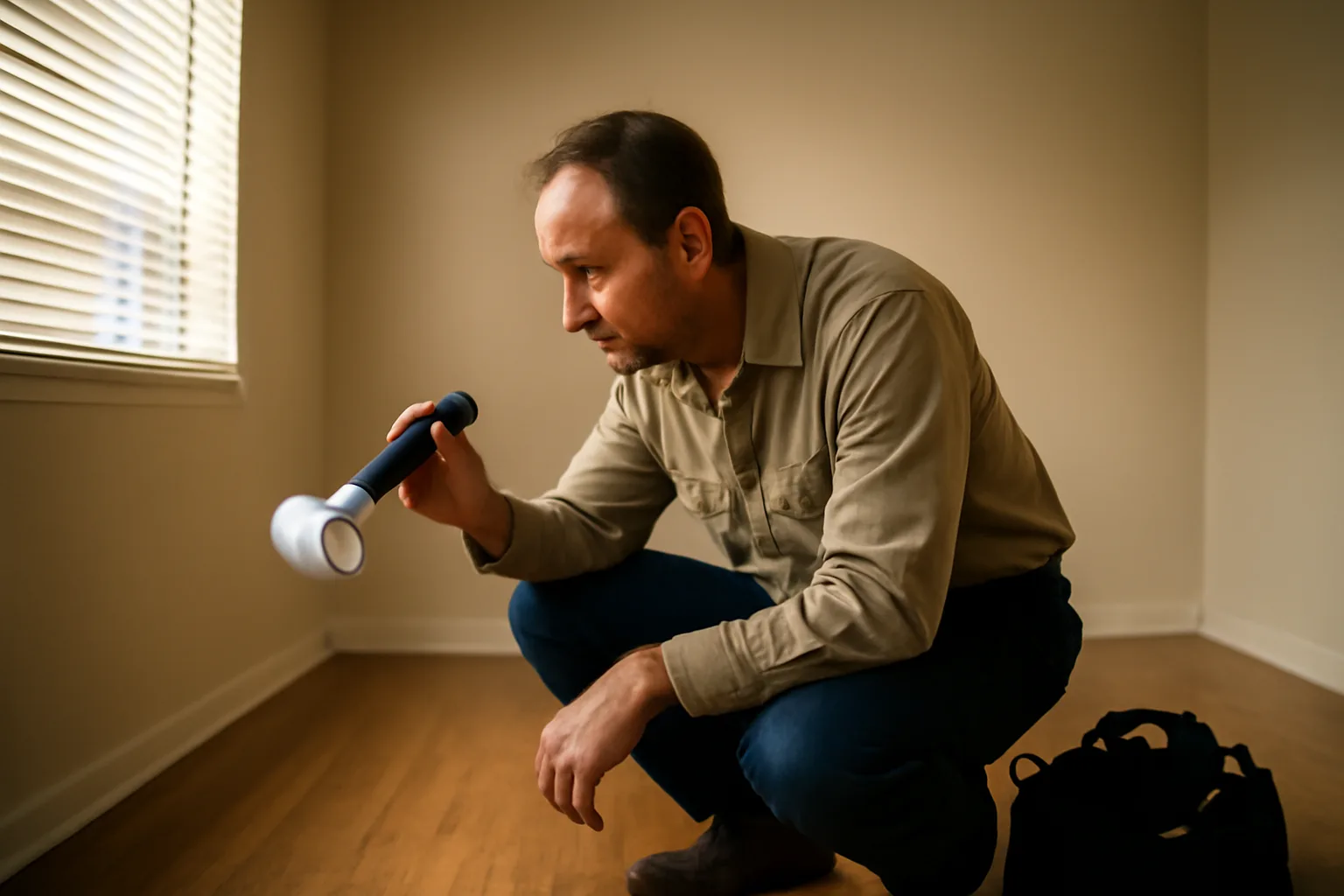 Landlord checking a smoke detector inside an empty rental apartment unit
