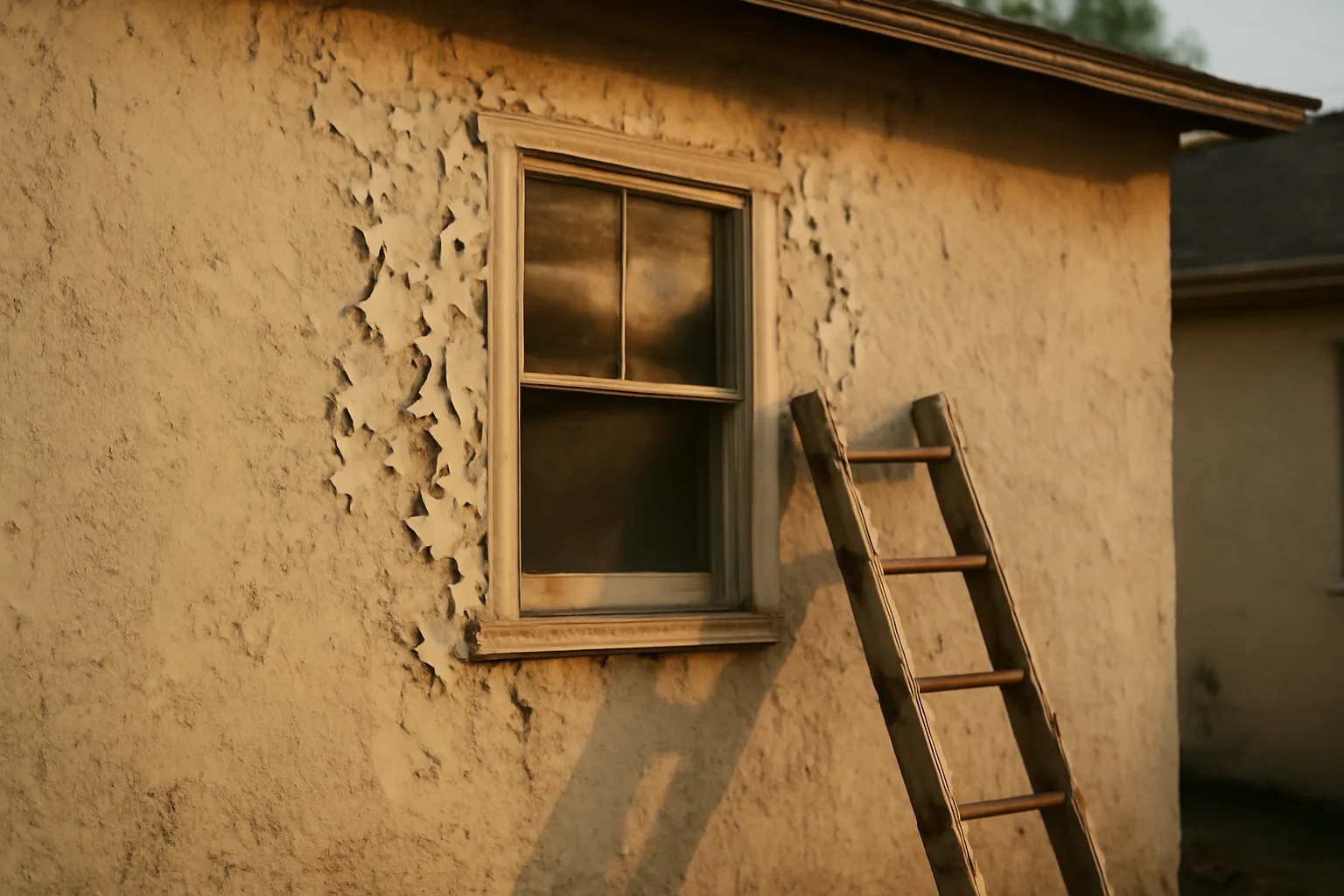 Peeling exterior paint on a California rental duplex wall with ladder nearby