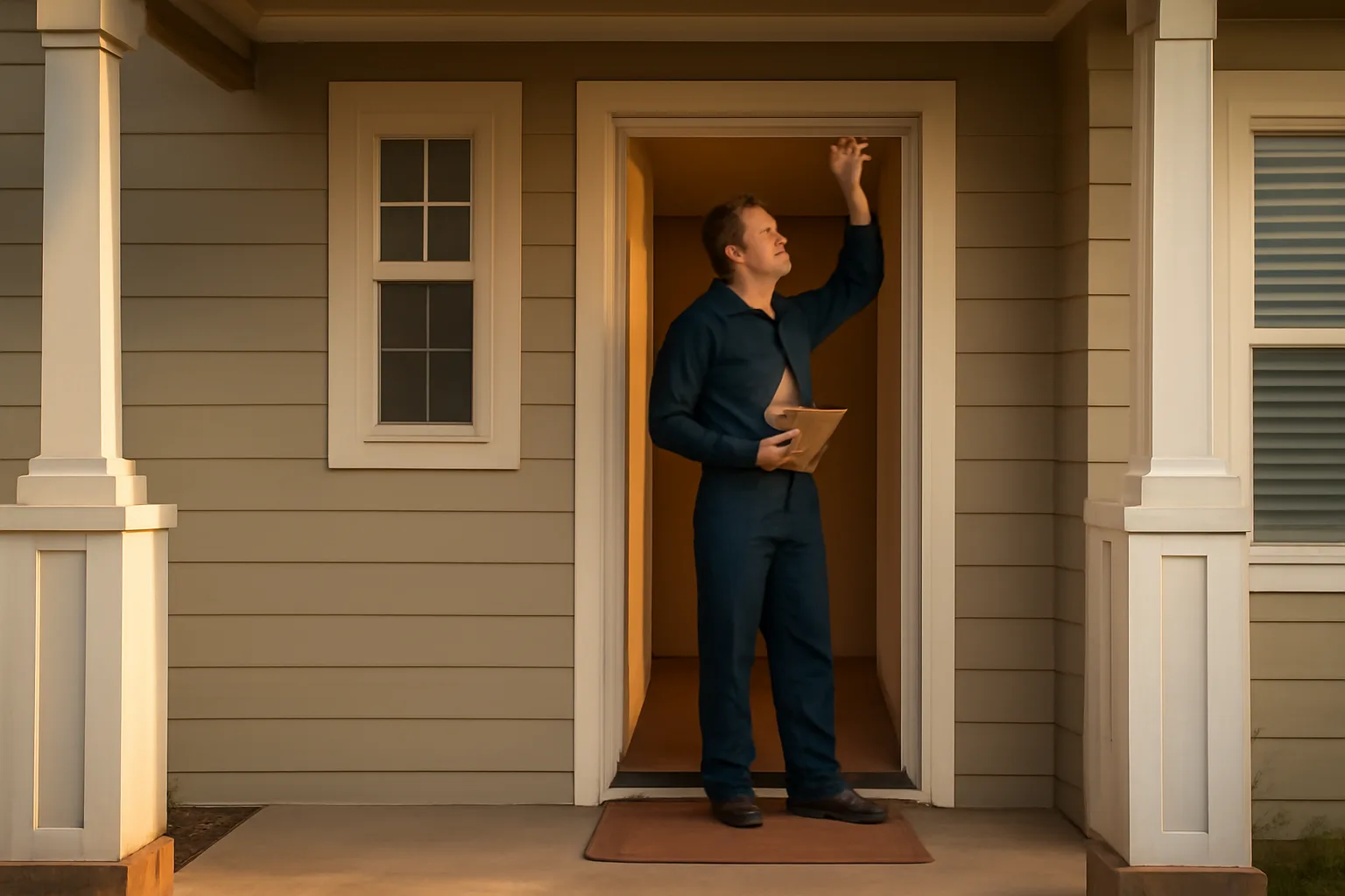Landlord checking a smoke detector during a rental unit walkthrough at golden hour