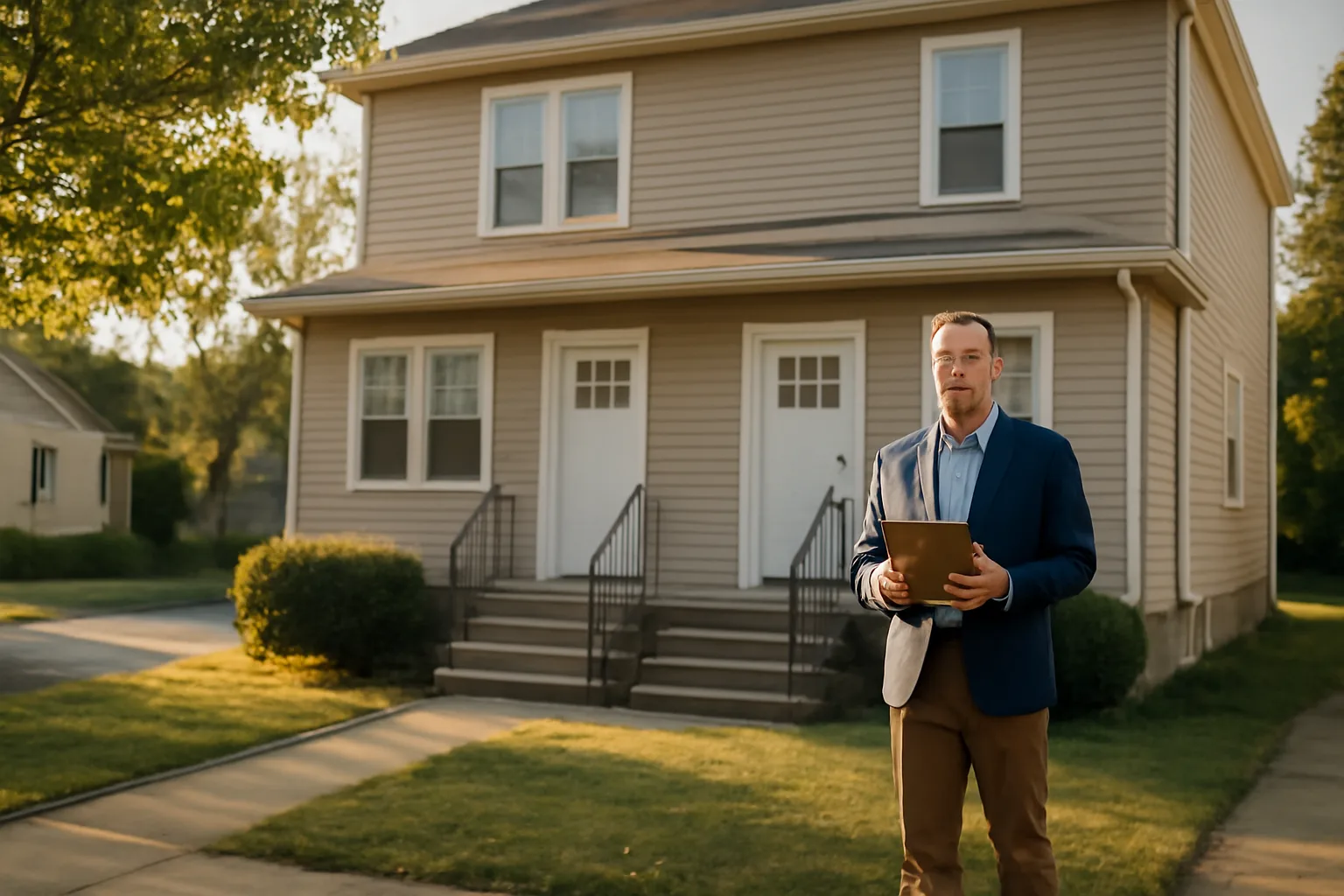 Landlord reviewing paperwork on a clipboard outside a small rental duplex