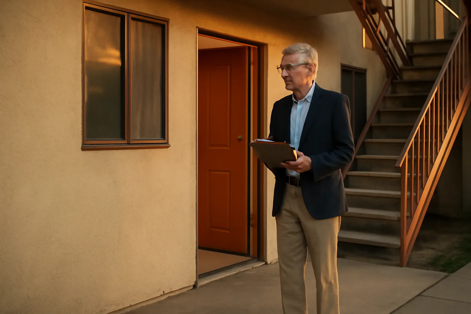 Landlord standing at rental unit doorway during an inspection walk-through