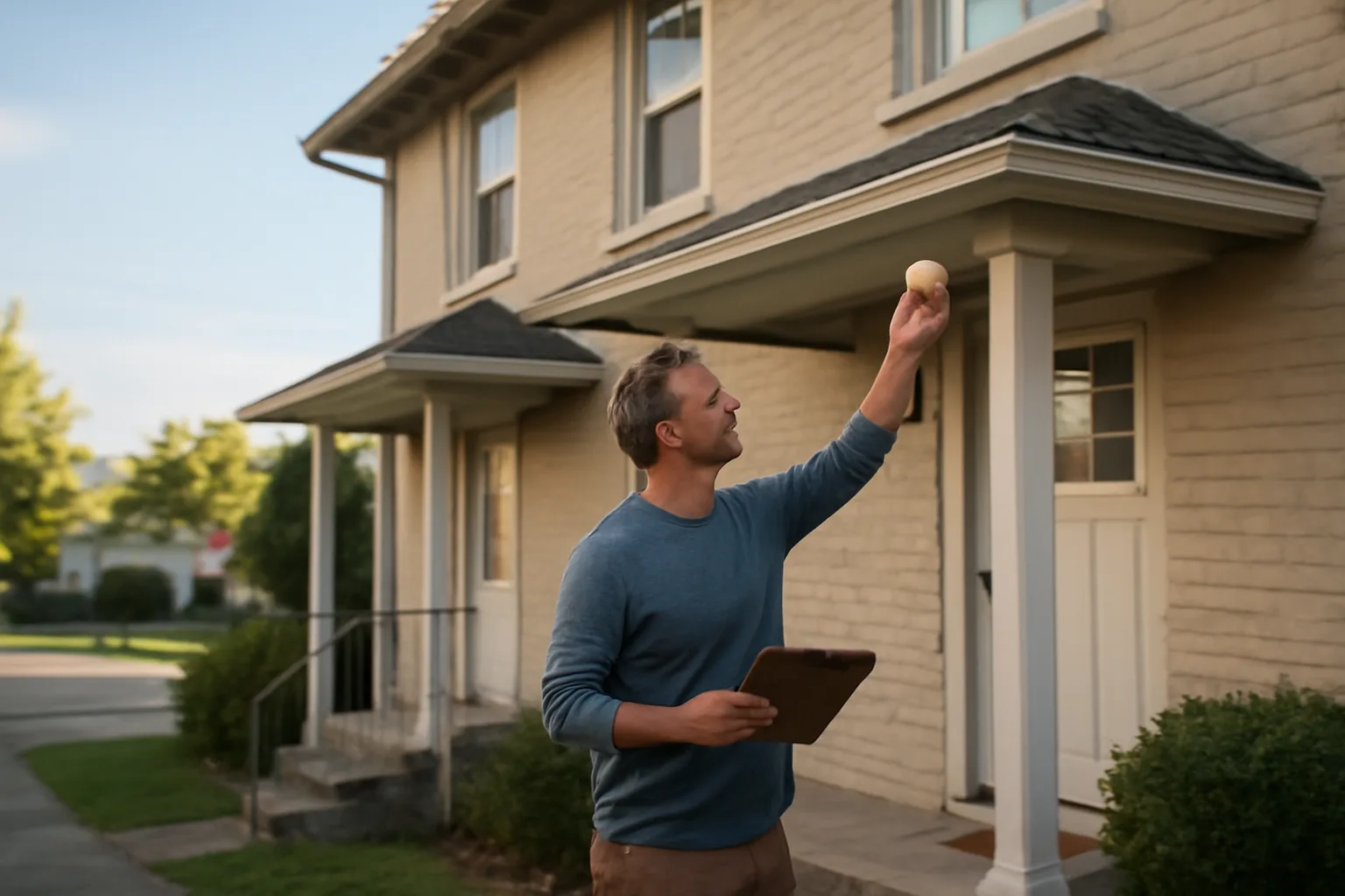 Landlord checking a smoke detector during a routine rental property inspection