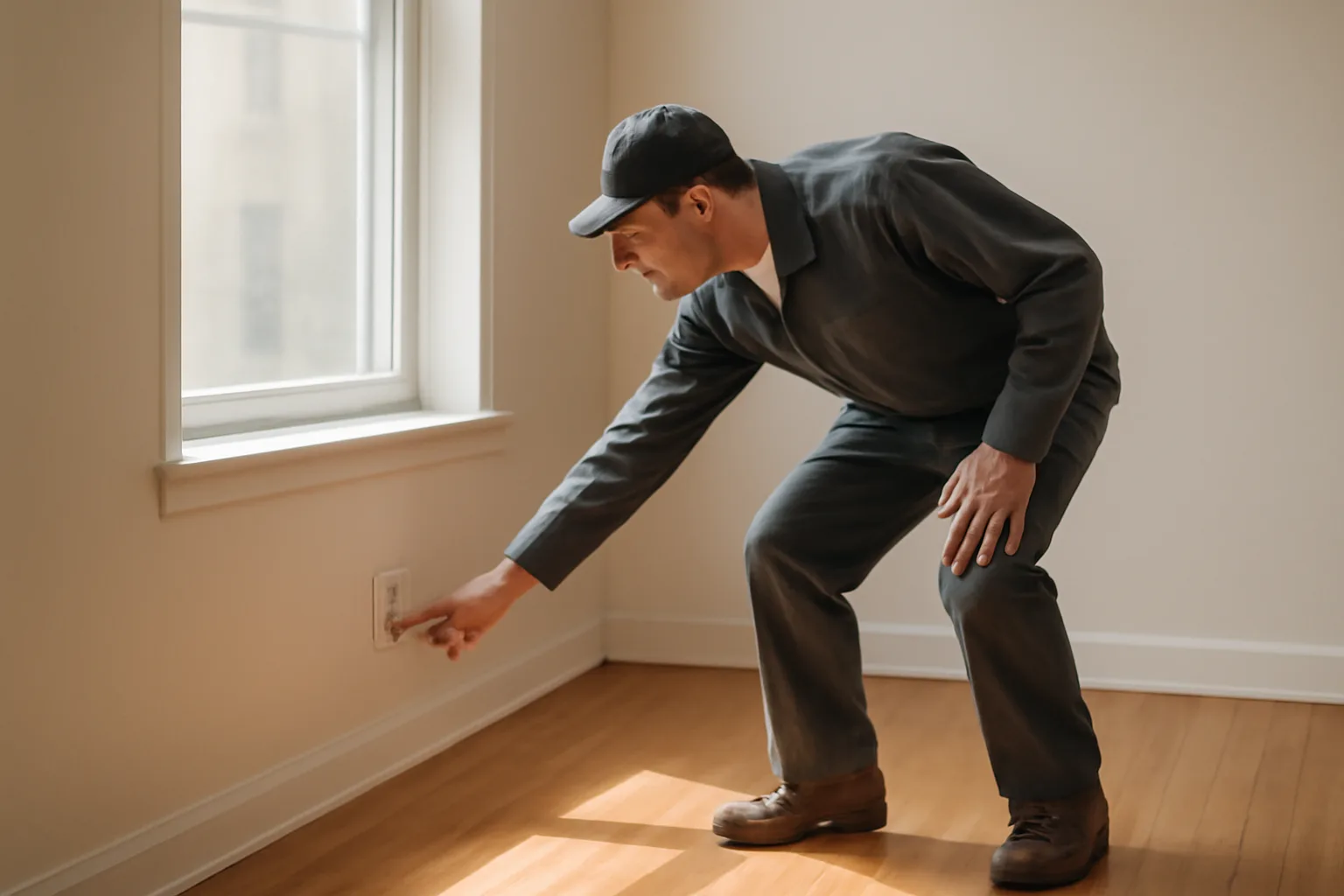 Landlord inspecting an empty rental unit's outlet during a licensed rental walk-through