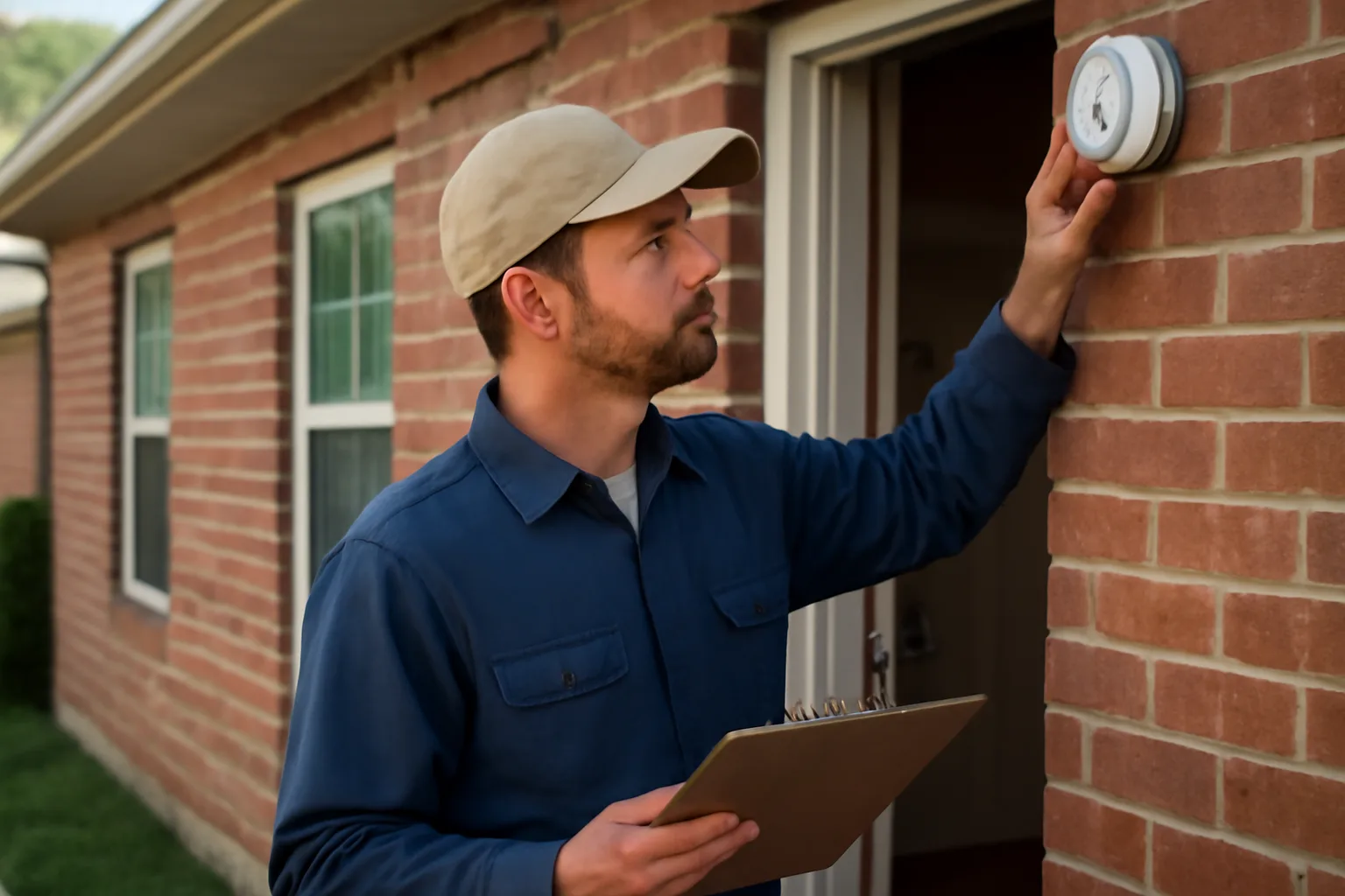 Landlord checking a smoke detector during a rental property inspection walkthrough