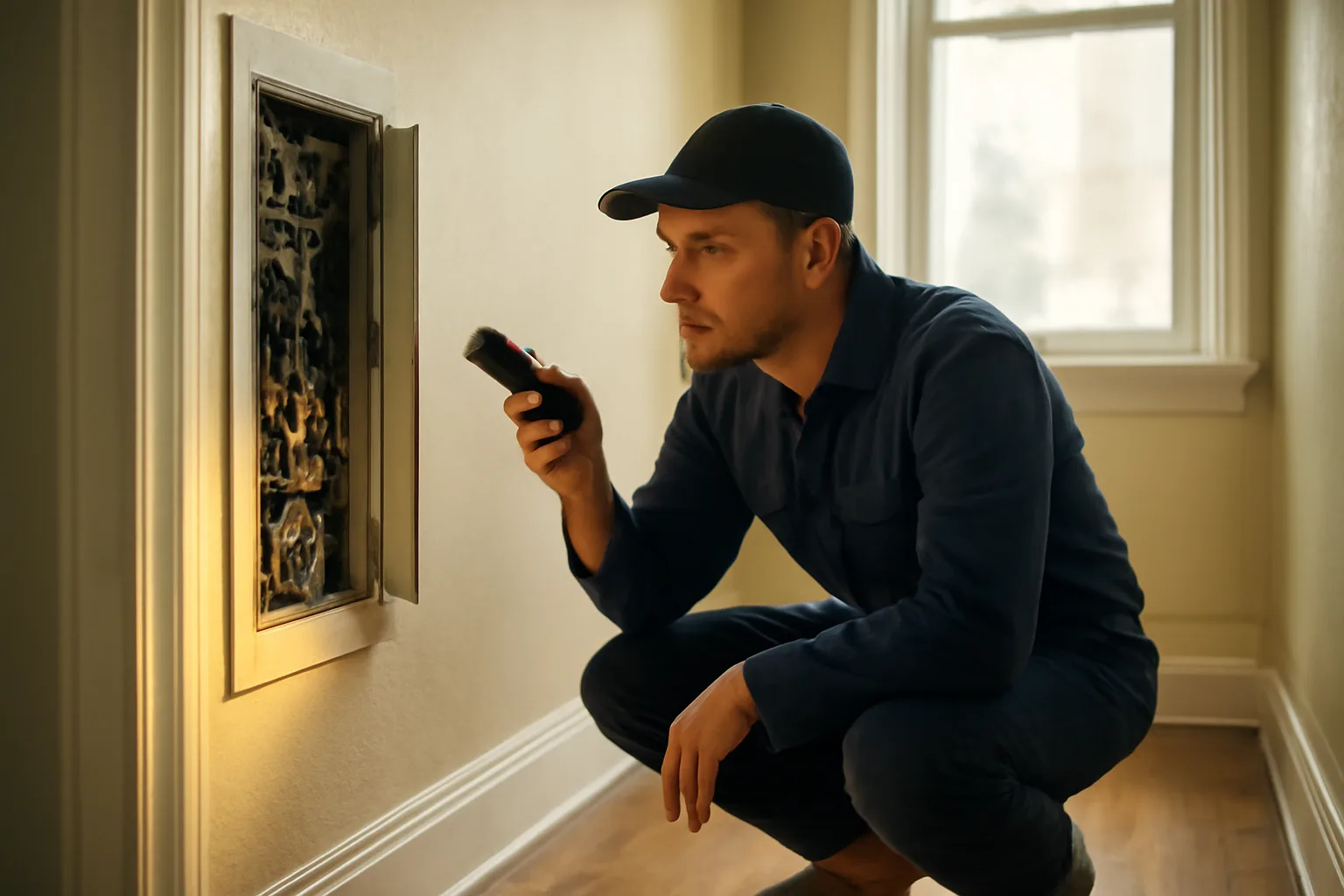 Landlord inspecting an electrical panel in a rental unit hallway during a licensing walkthrough
