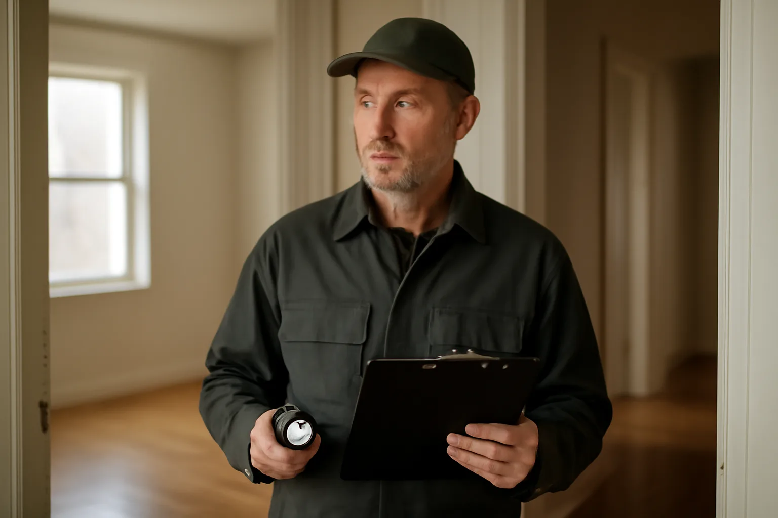 Landlord holding a clipboard while inspecting an empty rental apartment unit
