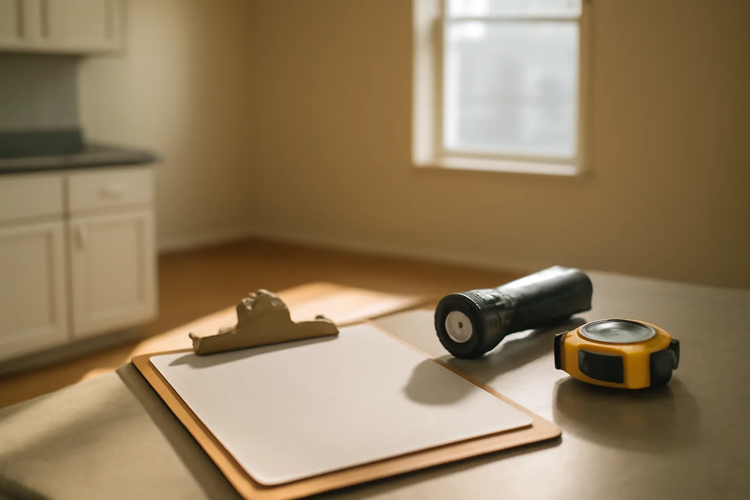 Clipboard, flashlight, and tape measure on a counter during a rental walkthrough