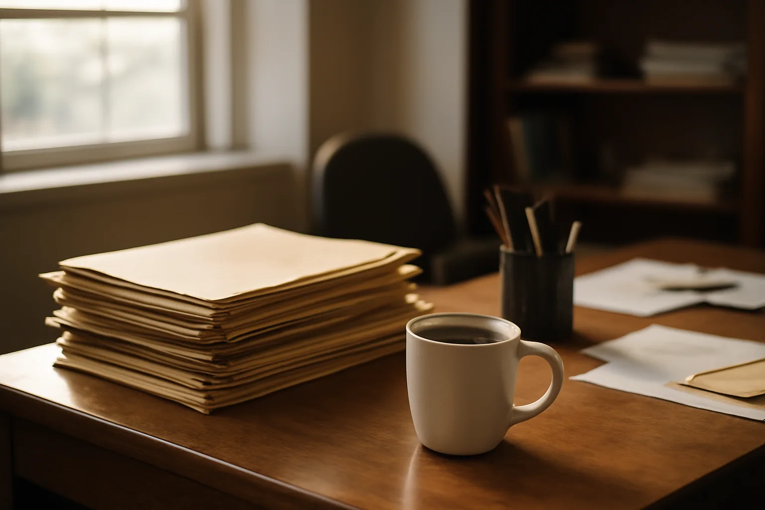 Desk with folders and coffee mug representing rental register of leases paperwork