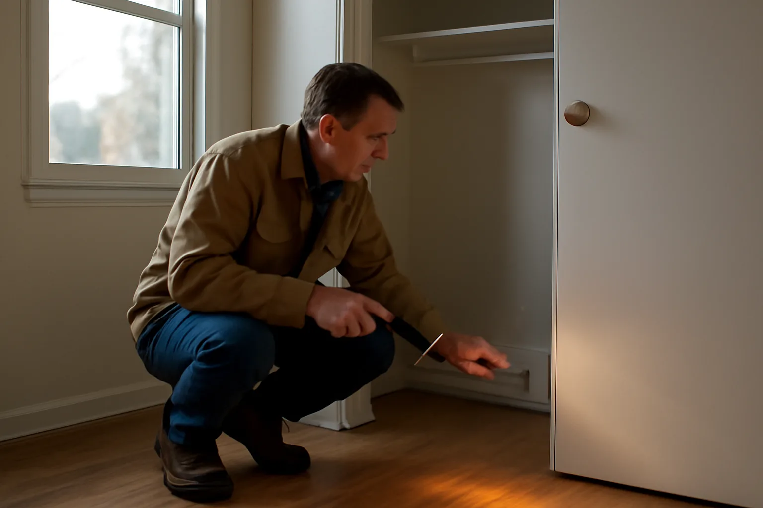 Landlord inspecting an apartment wall outlet during a rental unit walk-through