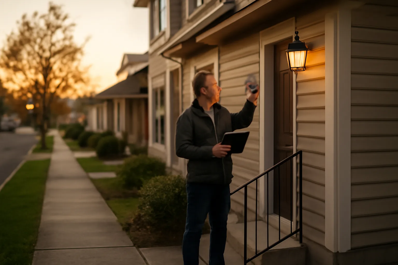 Landlord inspecting a rental duplex exterior at dusk before a licensing inspection