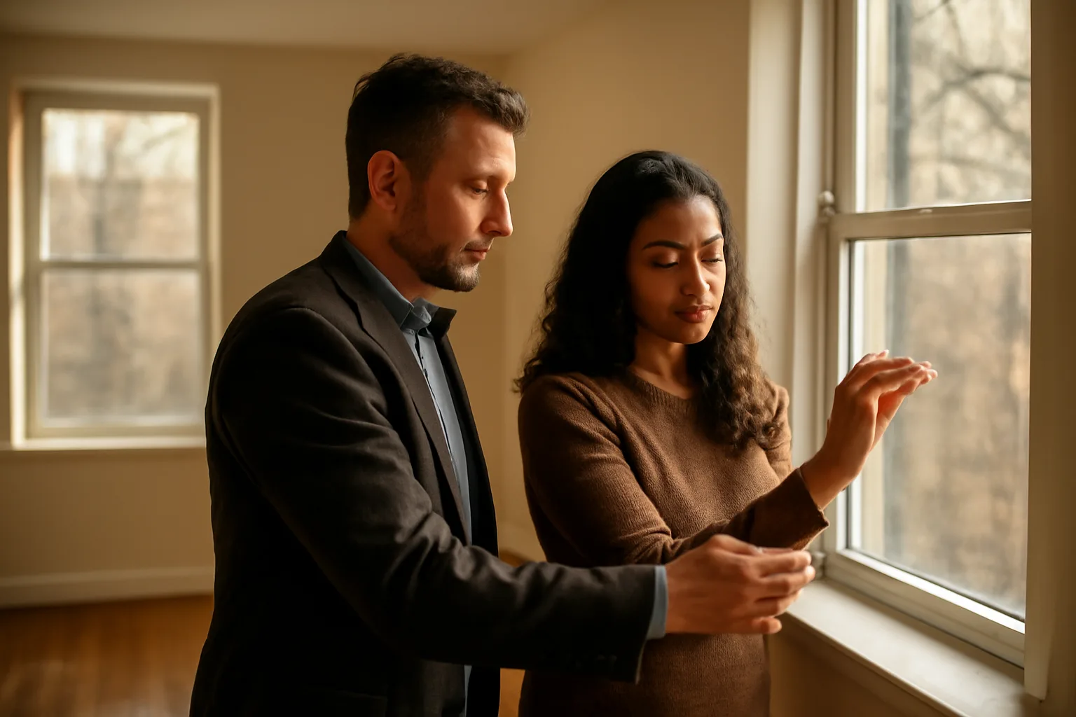 Landlord and tenant checking a window during a rental walkthrough inspection