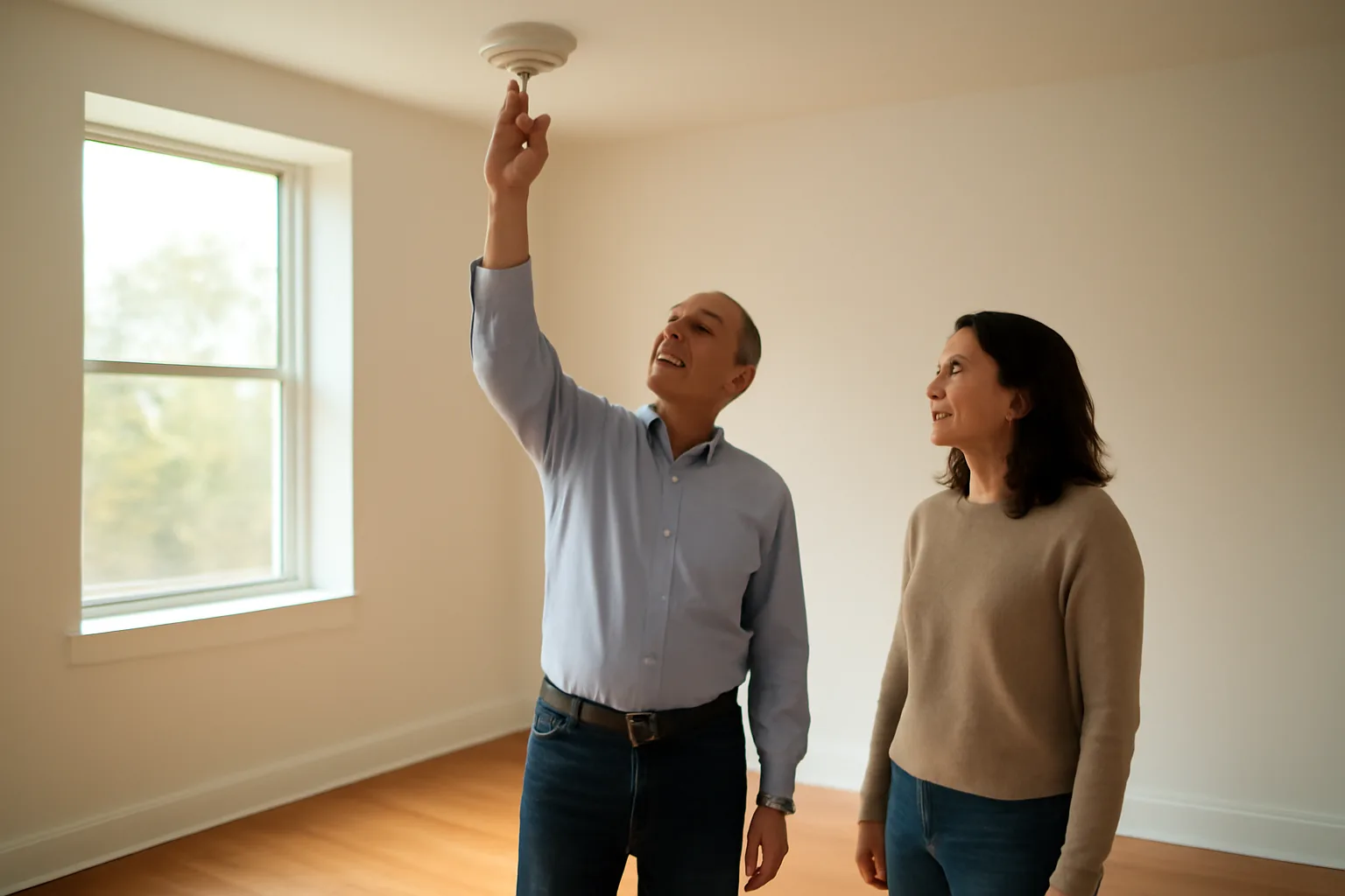 Landlord testing a smoke detector during a rental tenant walkthrough inspection in an empty apartment