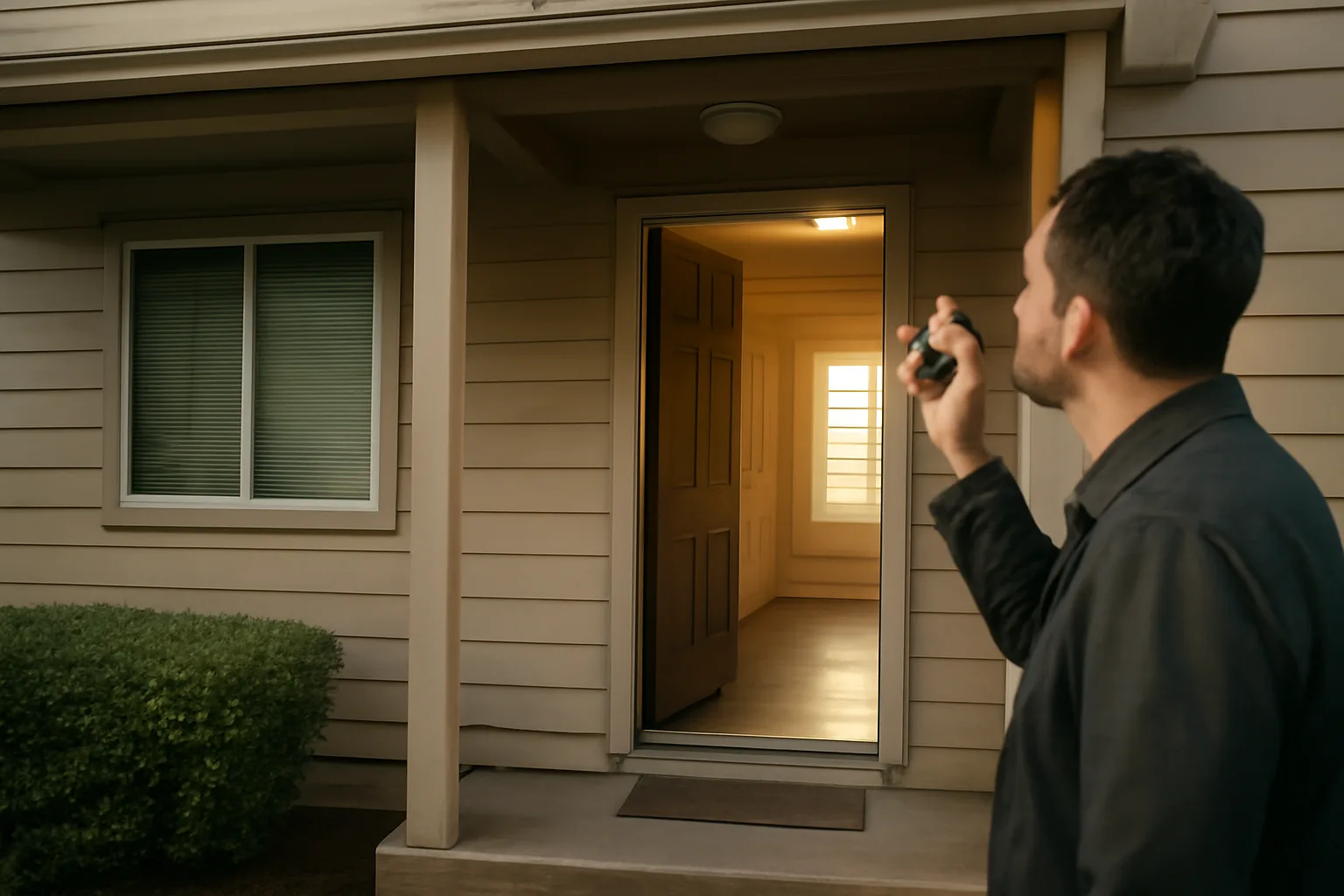 Landlord and inspector checking a hallway smoke detector during a renter rights inspection walk-through