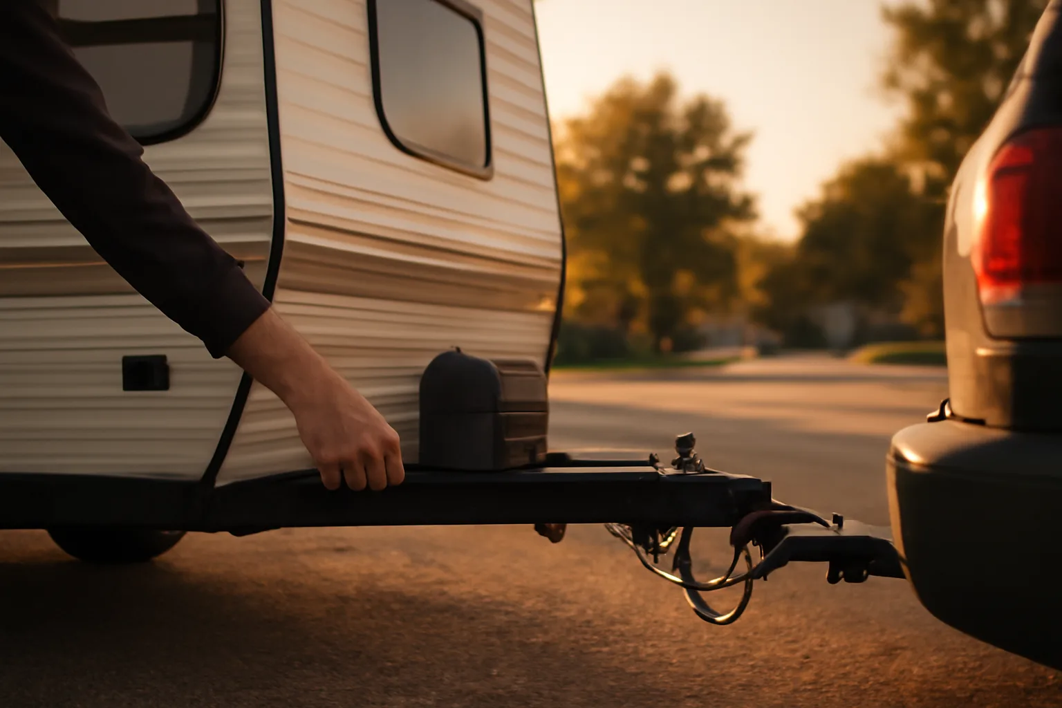 Owner inspecting an RV hitch on a driveway before a rental, golden hour light