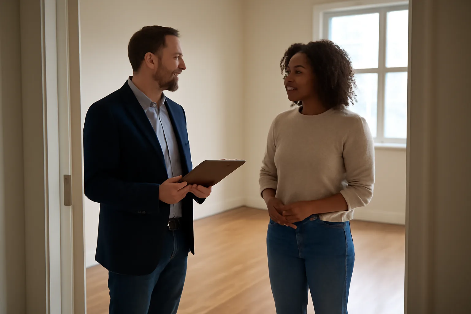 Landlord and tenant doing a move-in walk-through inspection in an empty apartment