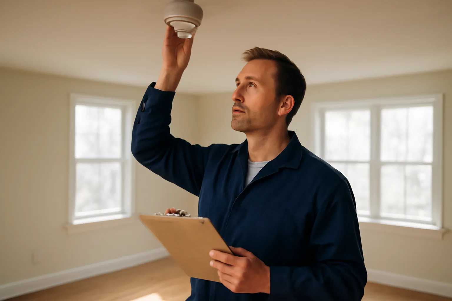 Landlord inspecting a smoke detector during a rental property walk-through inspection