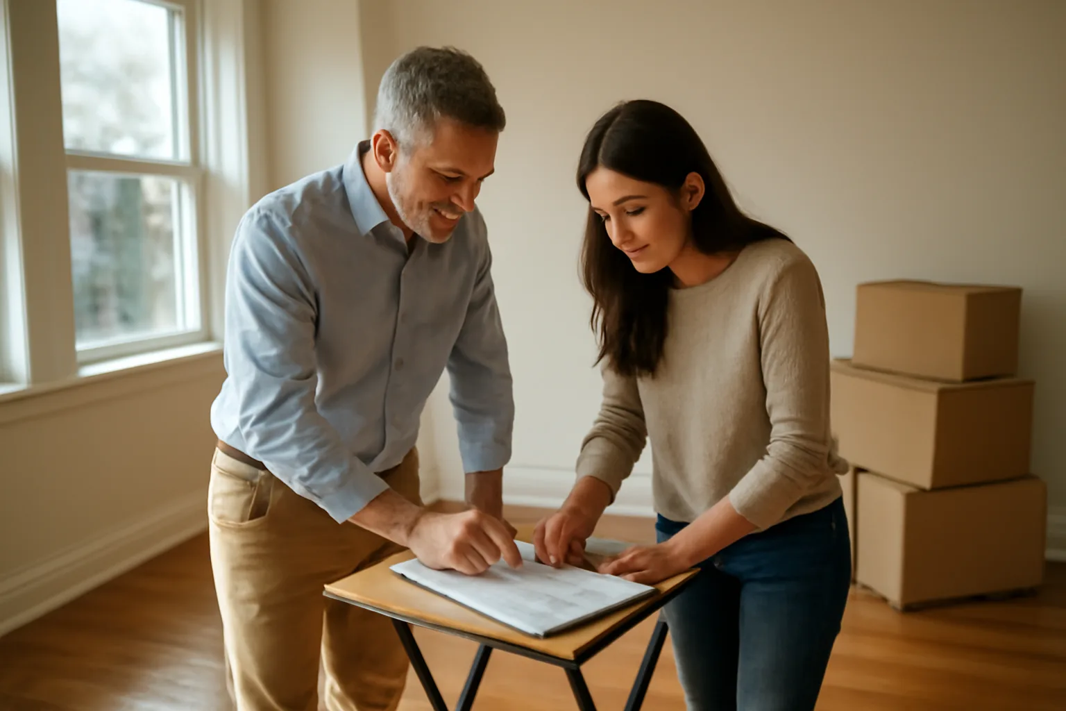 Landlord and tenant reviewing a move-in checklist in an empty apartment