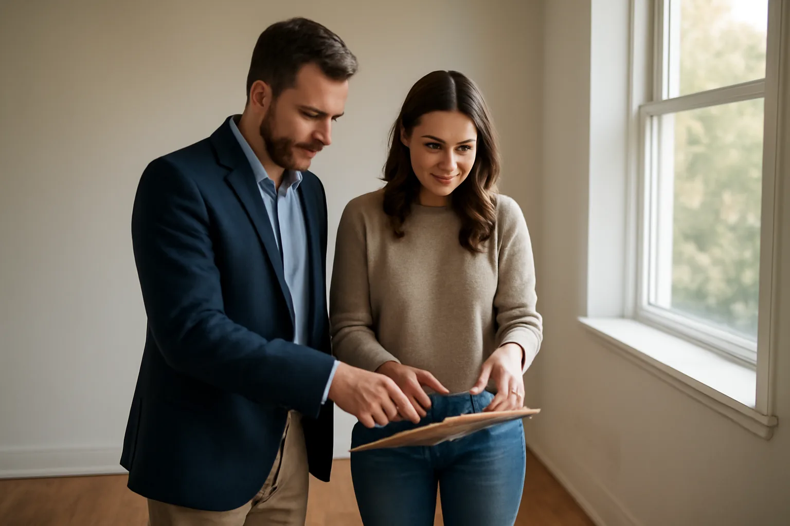 Landlord and tenant reviewing a move-in checklist while inspecting an empty apartment wall