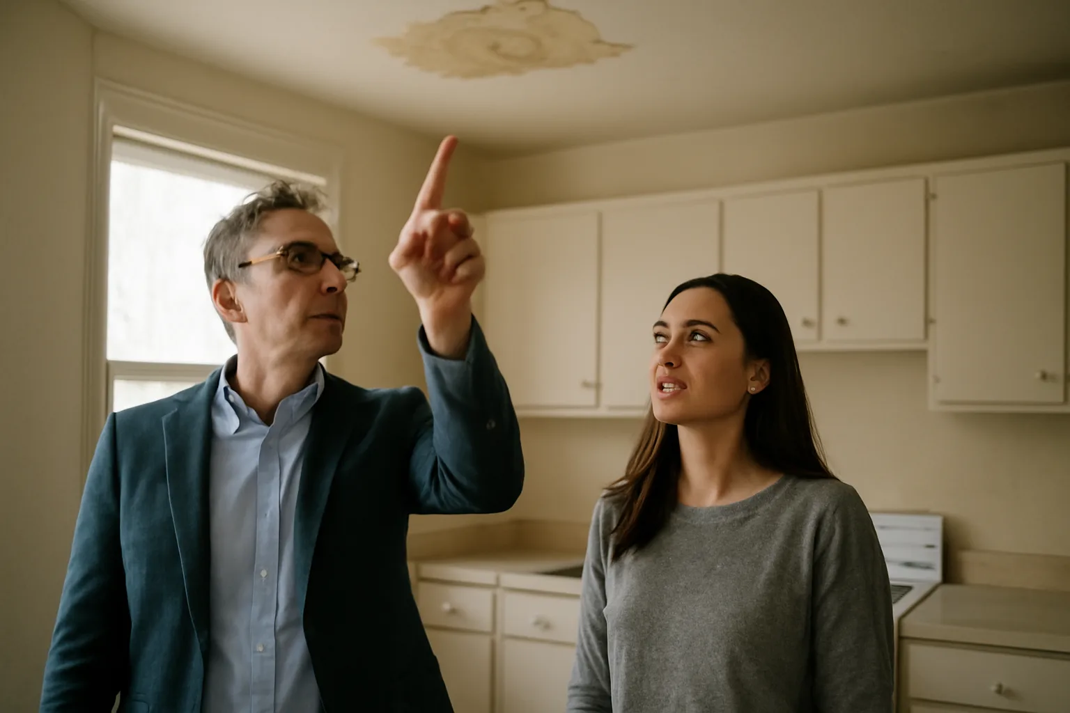 Landlord and tenant reviewing a rental unit during a daytime walk-through inspection