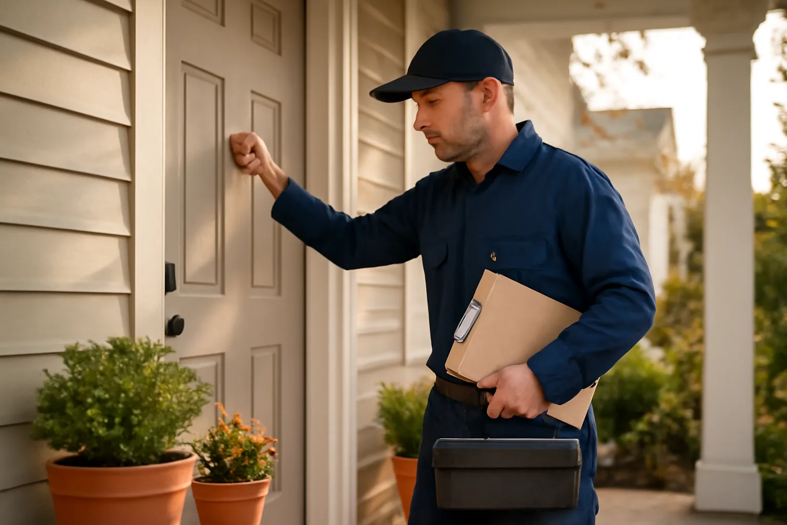 Landlord knocking on a rental property's front door before entering