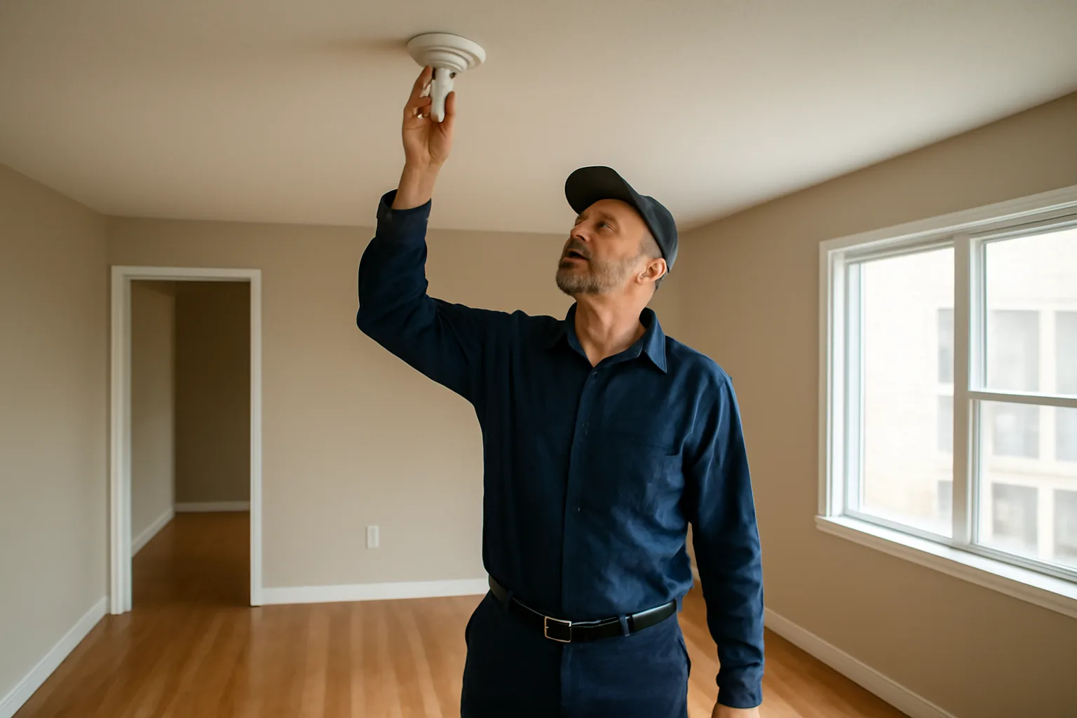 Landlord checking a smoke detector during a rental unit inspection walk-through