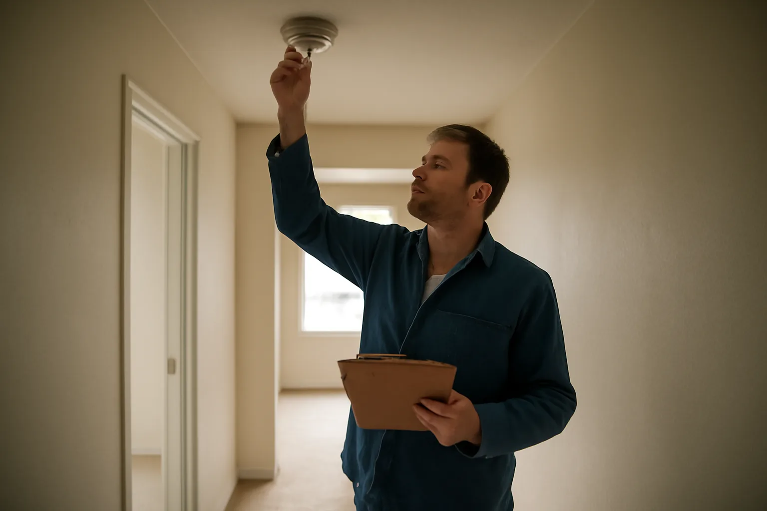Landlord checking a smoke detector during a rental unit inspection walk-through