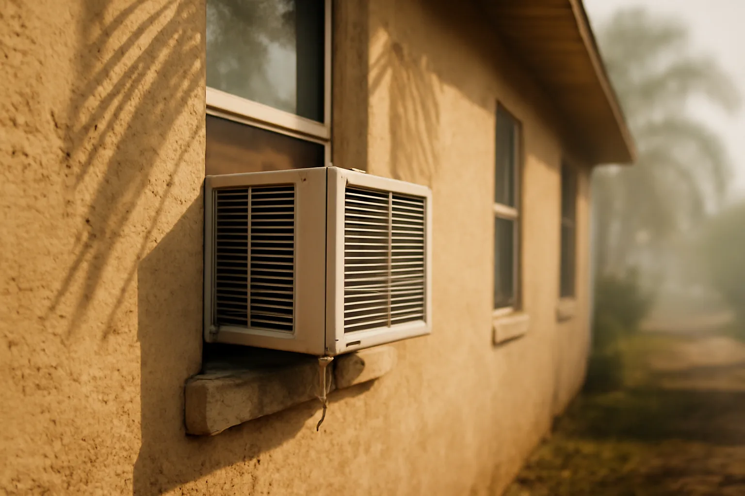 Window air conditioning unit installed on a Florida rental duplex exterior wall