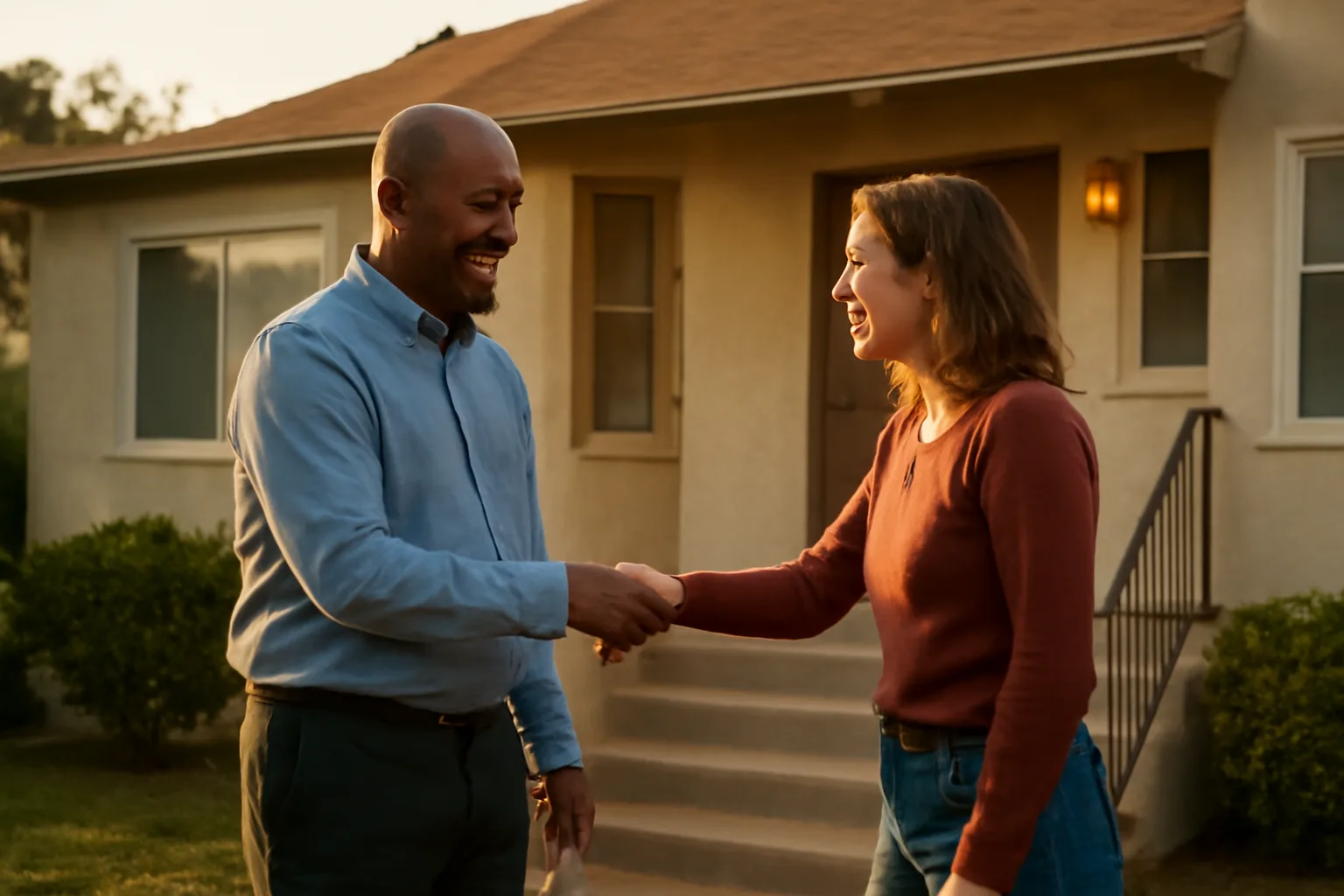 Landlord and tenant shaking hands outside a California rental duplex at sunset