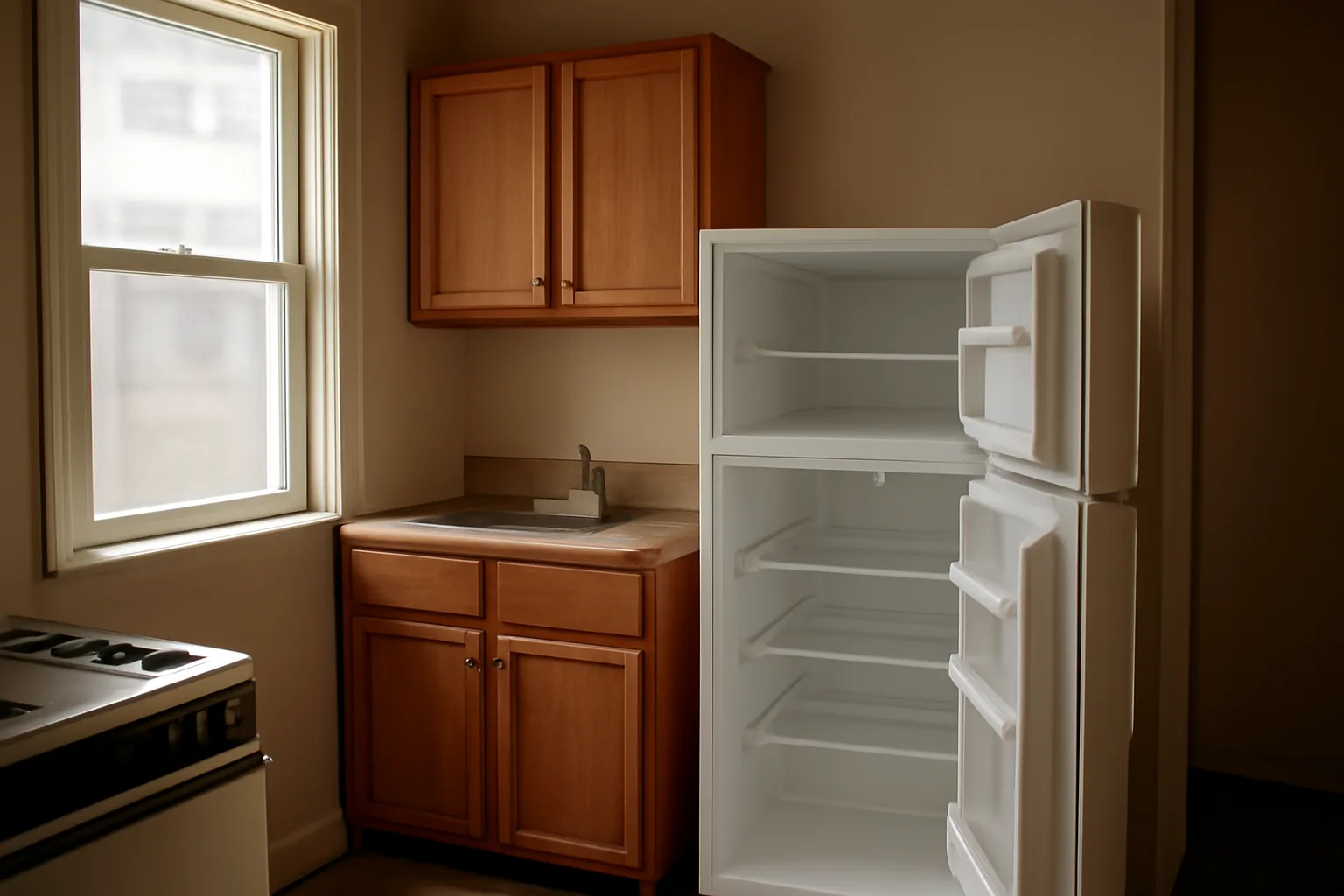 Empty apartment kitchen showing whether landlords must provide a refrigerator in California