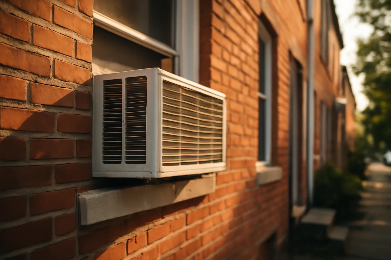 Window air conditioning unit installed in a Maryland rowhouse window during summer