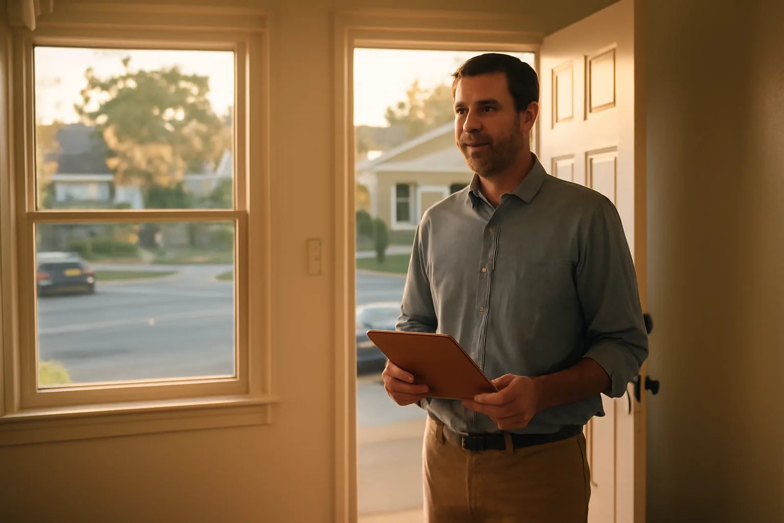 Landlord standing in doorway of a California rental duplex holding a clipboard during a walk-through