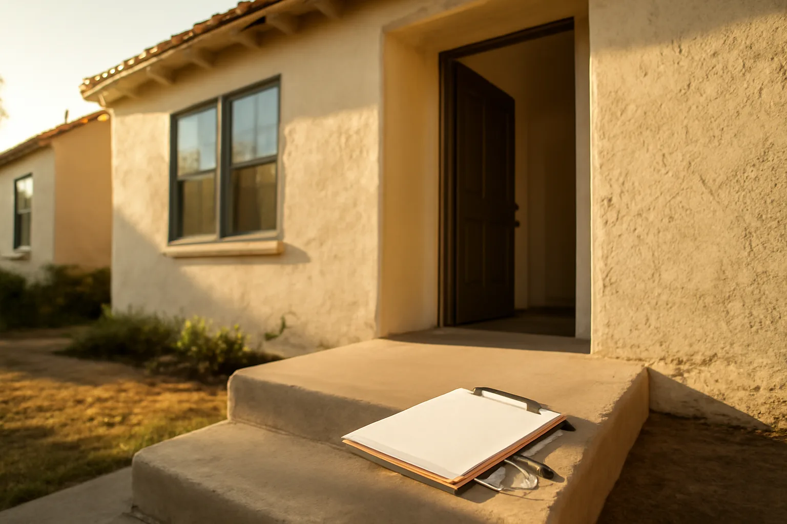Front porch of a small California rental duplex with keys resting on the step