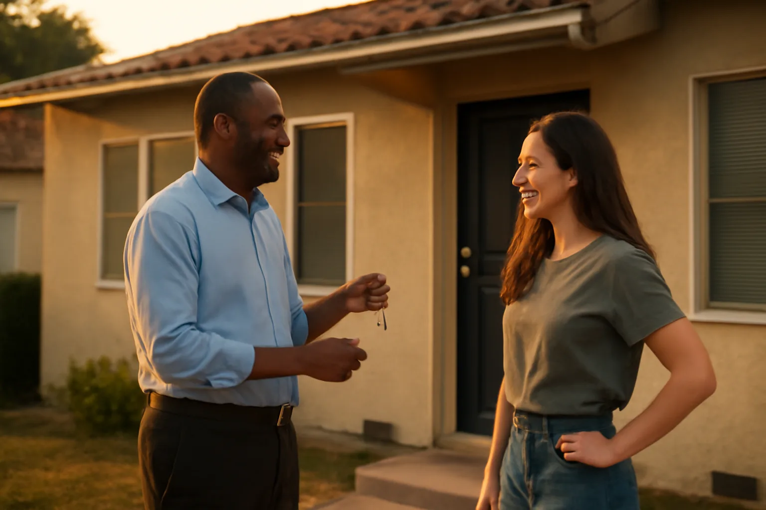 Landlord and tenant talking outside a California rental duplex at sunset