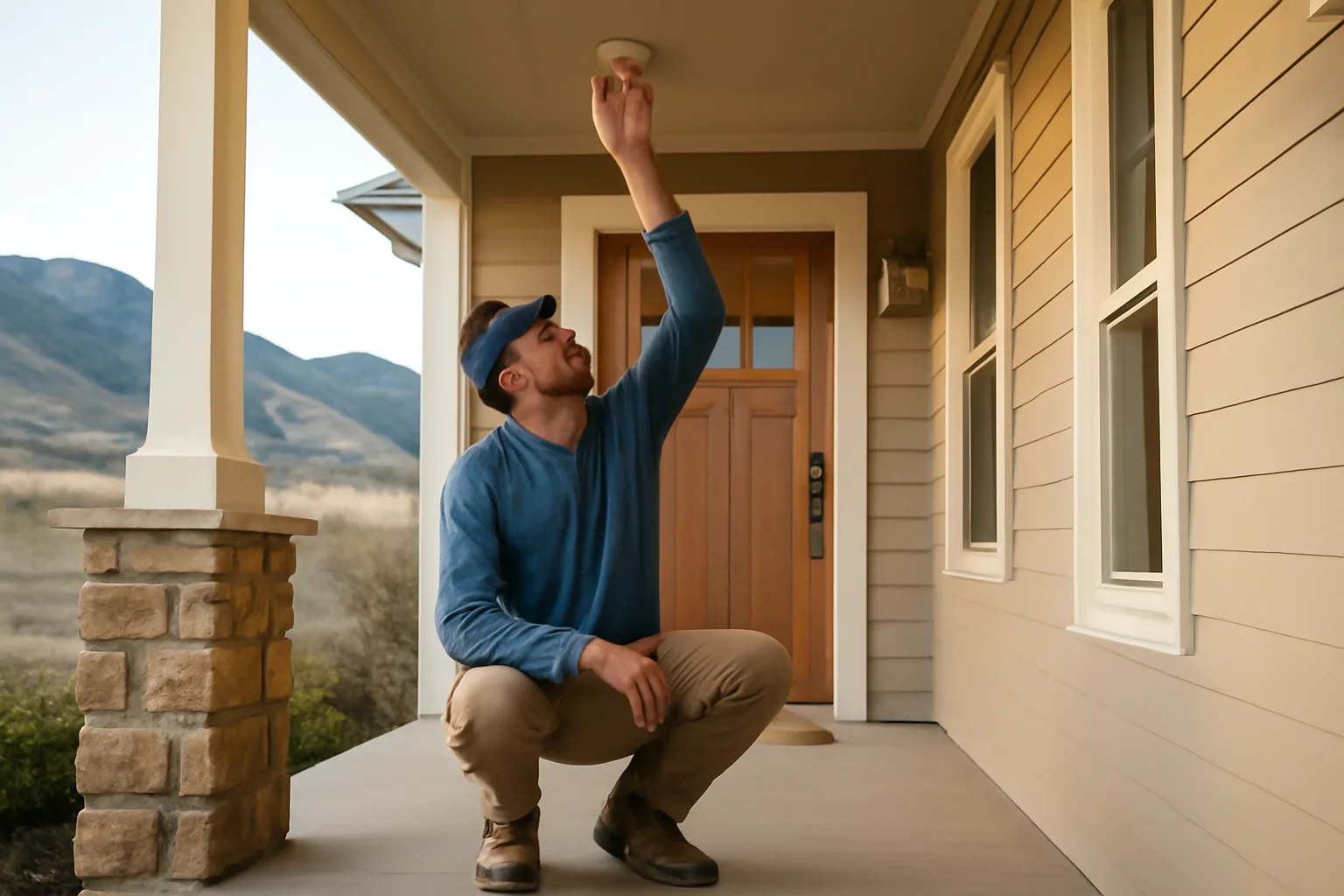 Landlord checking a smoke detector during a Colorado rental home inspection