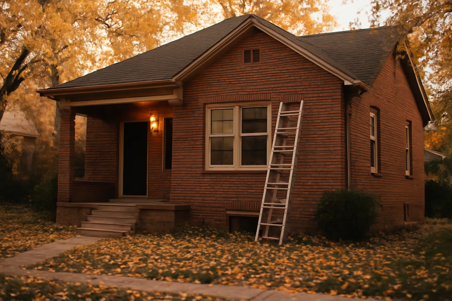 Small brick rental duplex in a Colorado neighborhood at dusk with porch light on