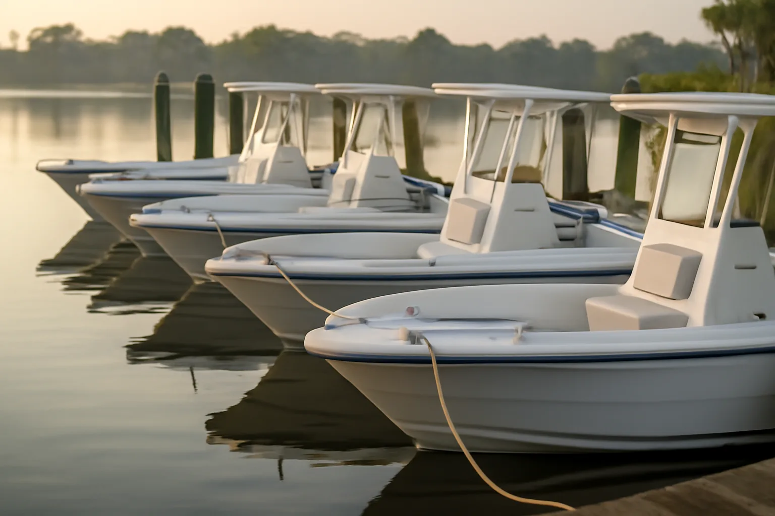 Rental pontoon and center console boats docked at a Florida marina at sunrise