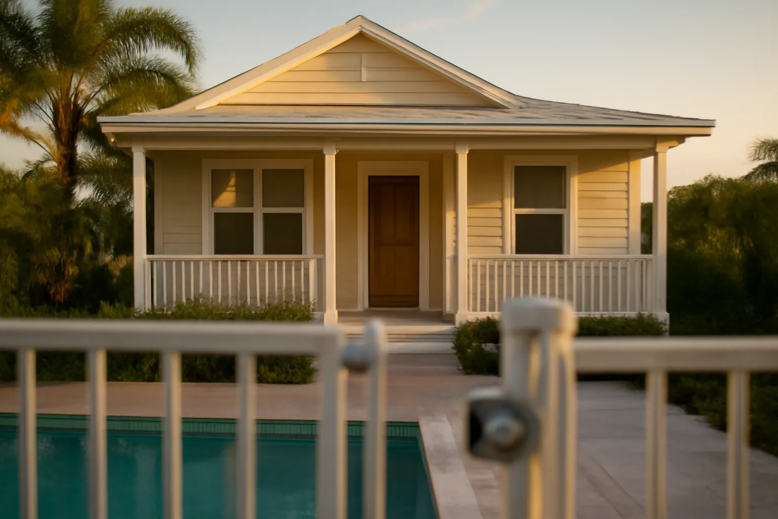 Florida vacation rental home exterior with pool gate at golden hour