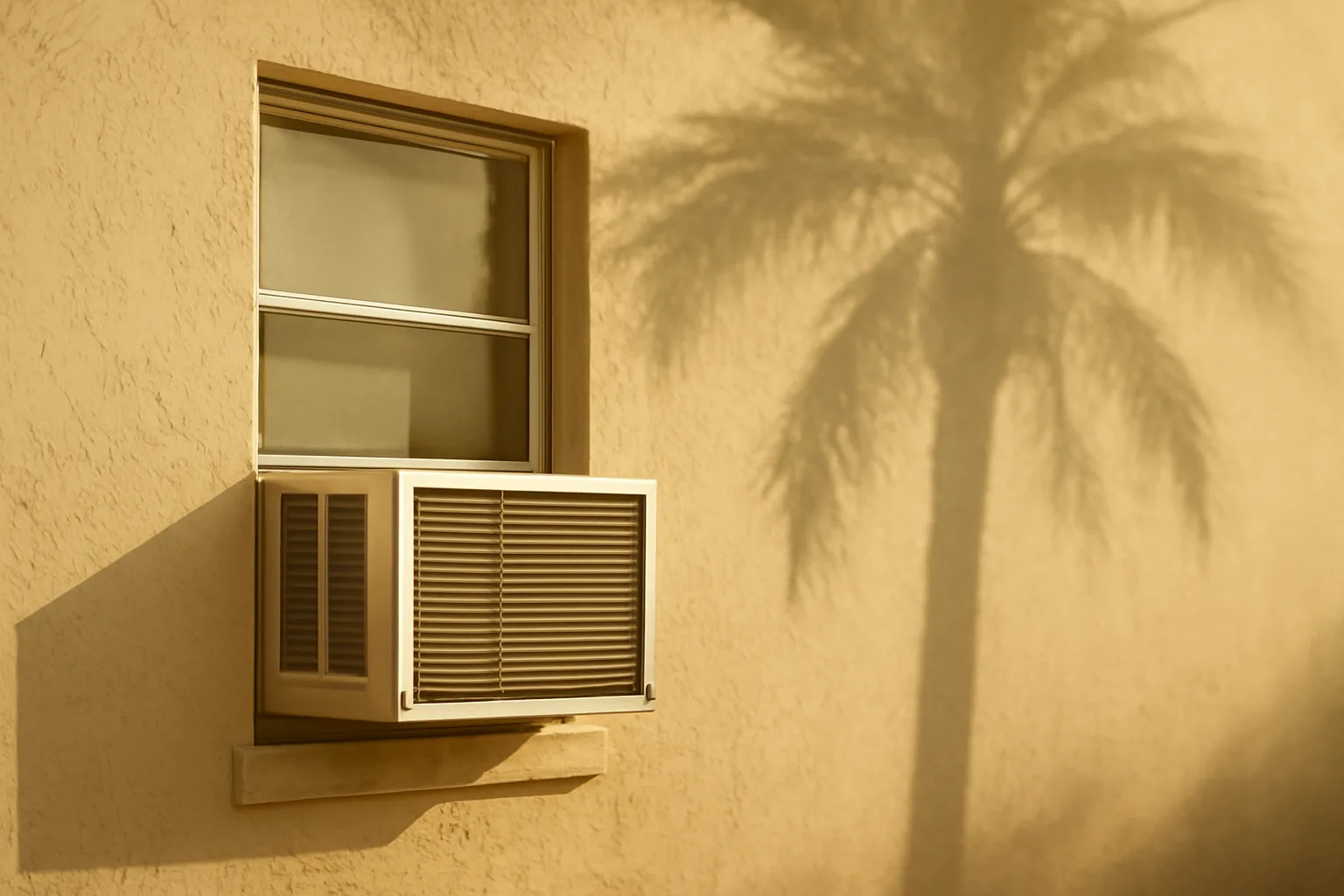 Window air conditioning unit mounted on a Florida rental apartment exterior wall