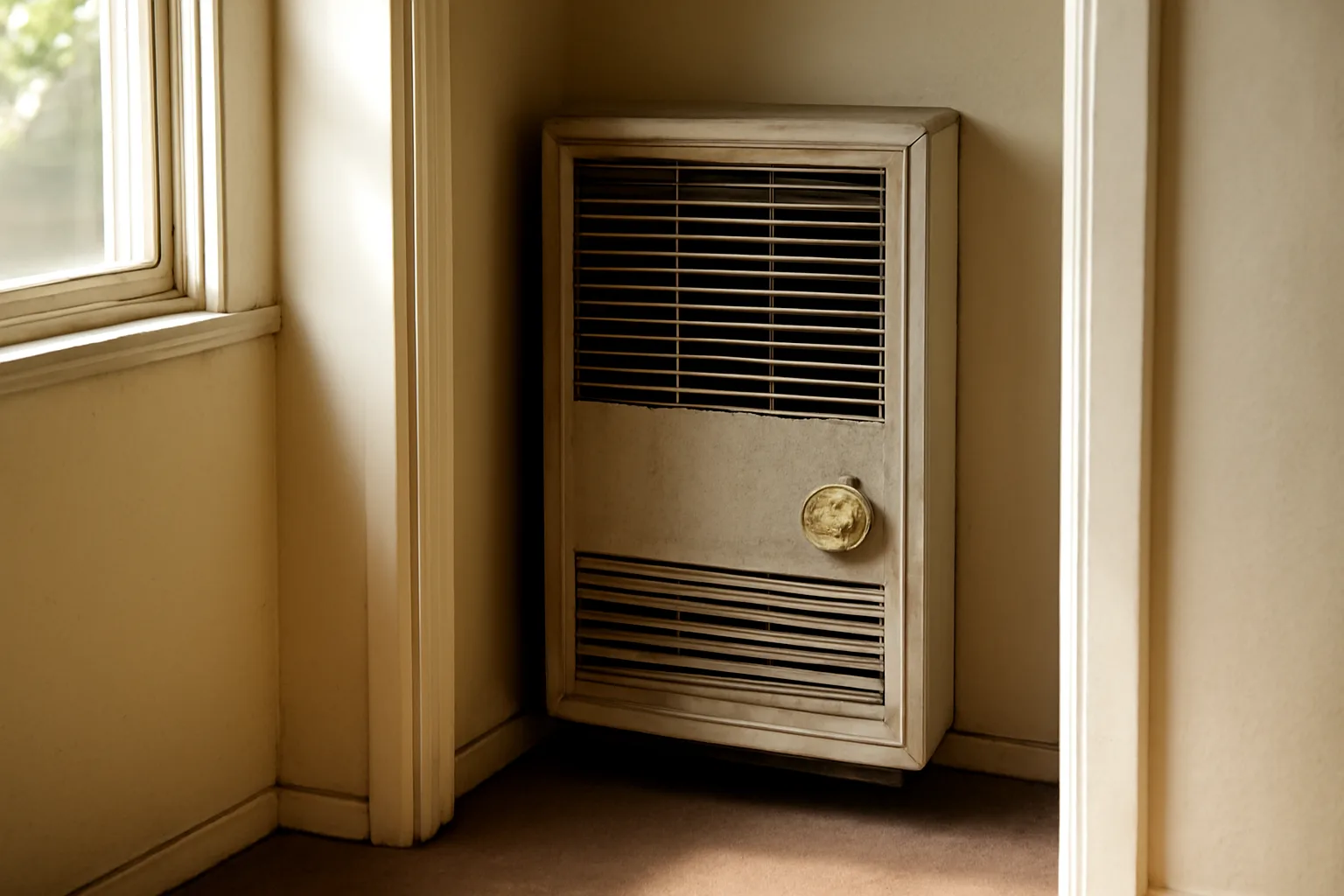Older gas wall heater in a California rental apartment closet, illustrating landlord heat requirements