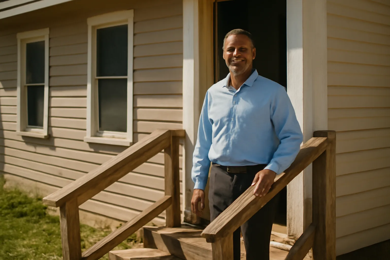 Landlord standing at a rental property front door illustrating entry notice requirements