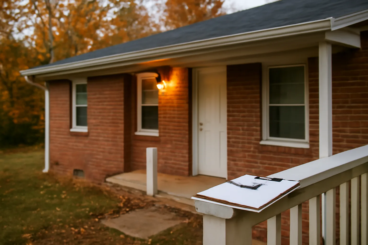 Brick North Carolina rental duplex at dusk illustrating landlord tenant law in practice