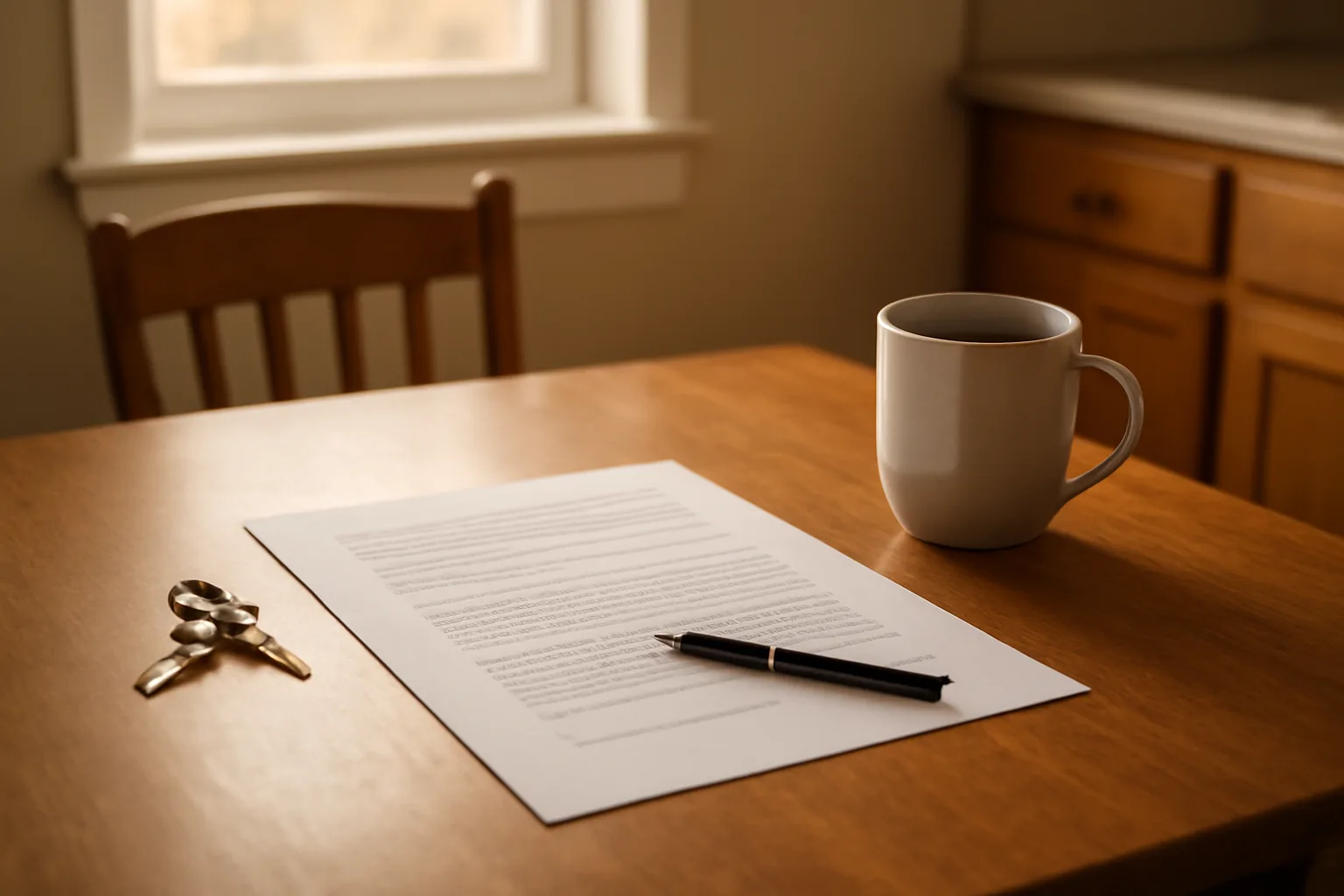 Kitchen table with lease document and keys in North Carolina rental apartment