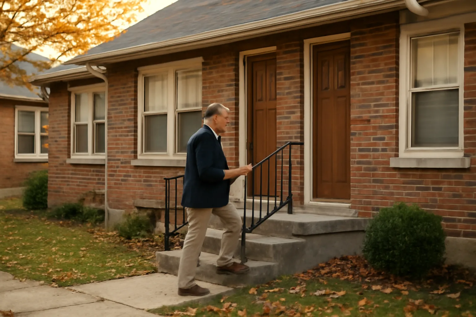 Landlord walking up steps of an Ohio duplex rental property in late afternoon light