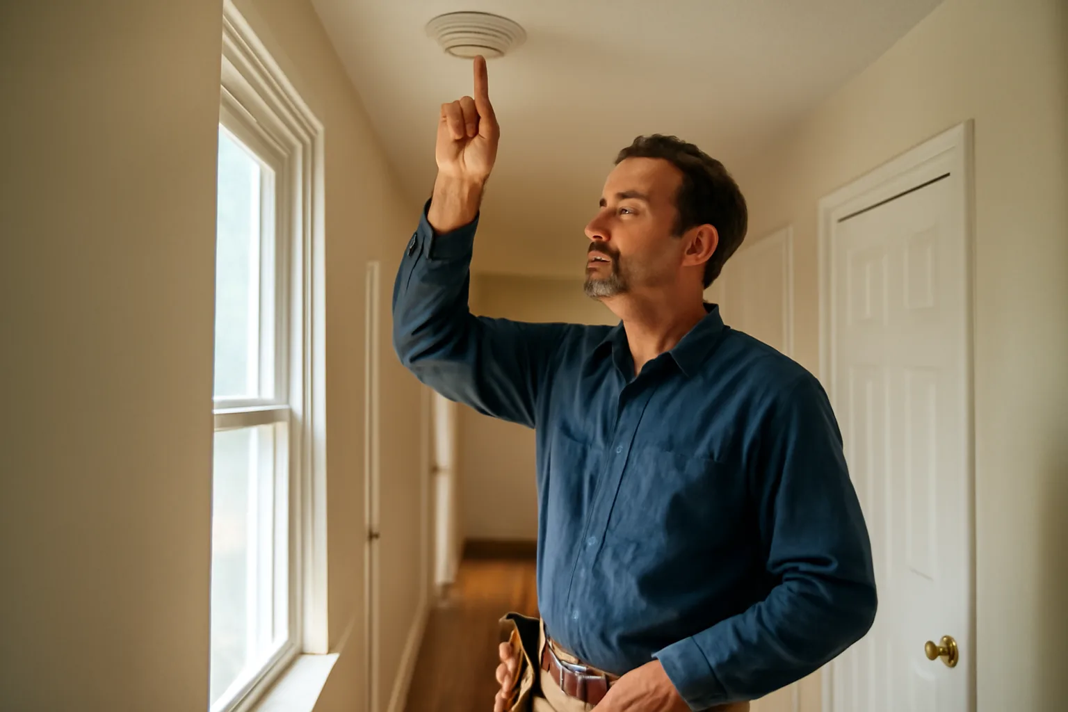 Landlord inspecting a smoke detector in an Oklahoma rental duplex hallway