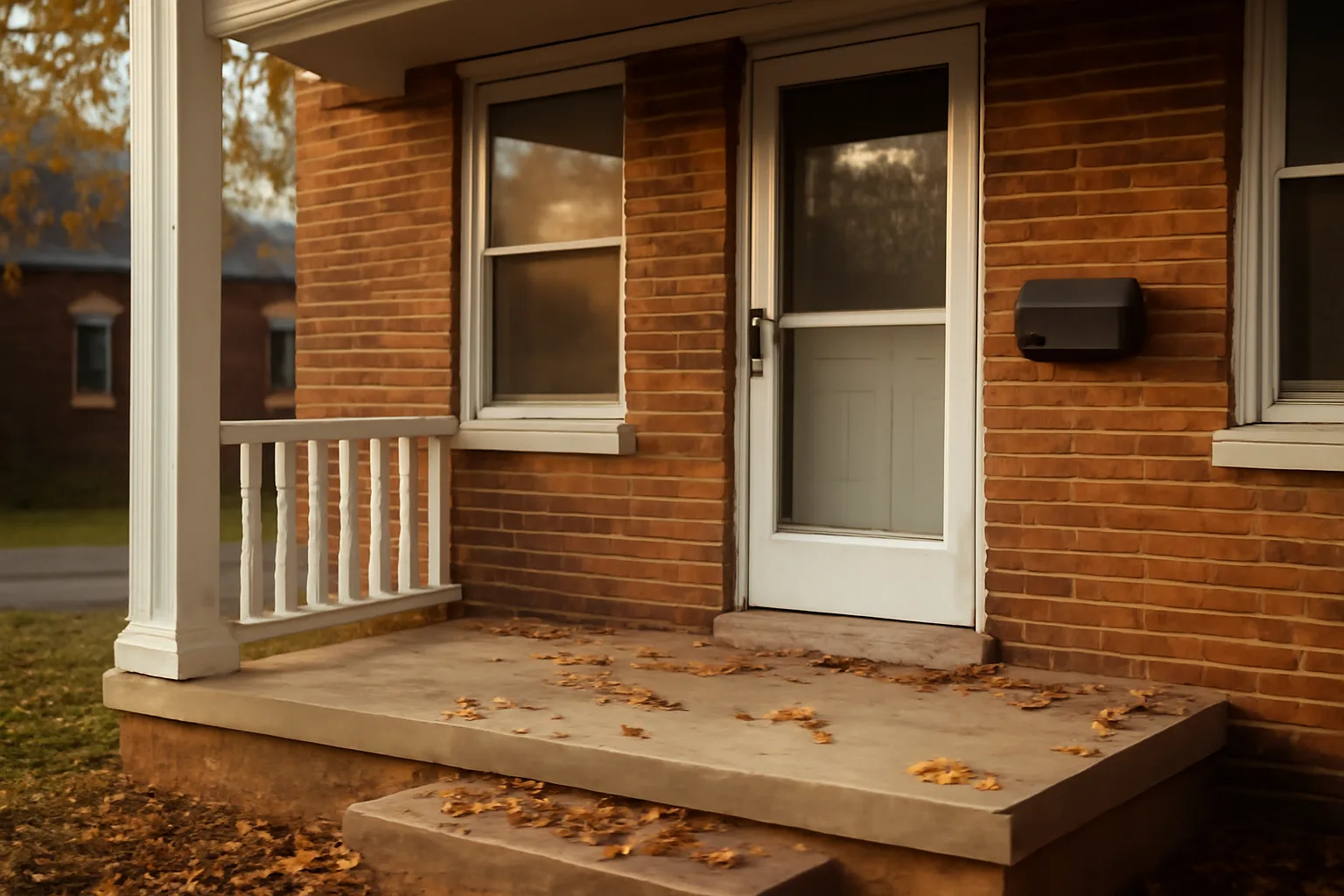 Brick duplex rental property porch in Ohio during autumn afternoon light