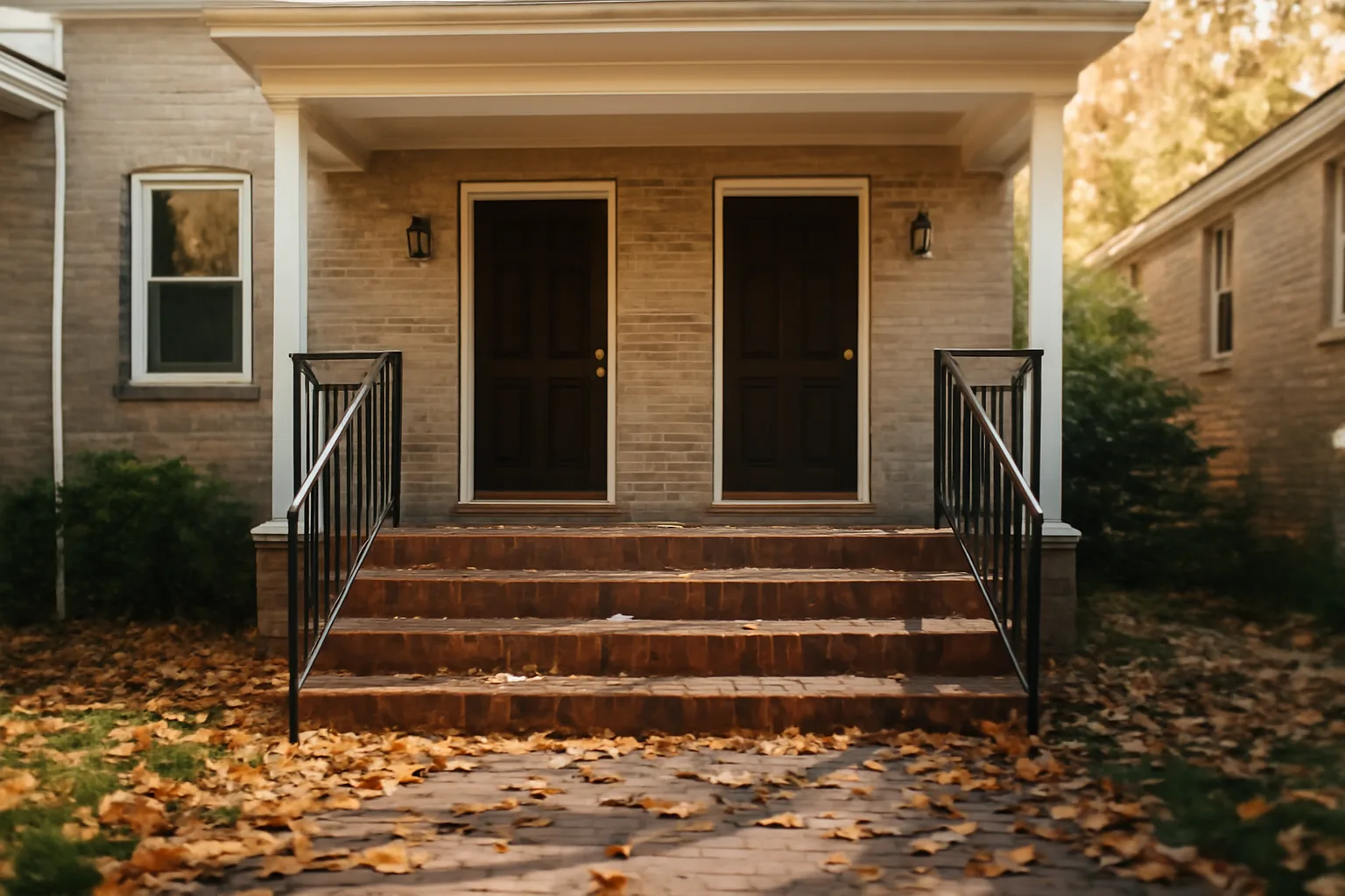Residential duplex front porch with two doors and metal railing, typical South Carolina rental property