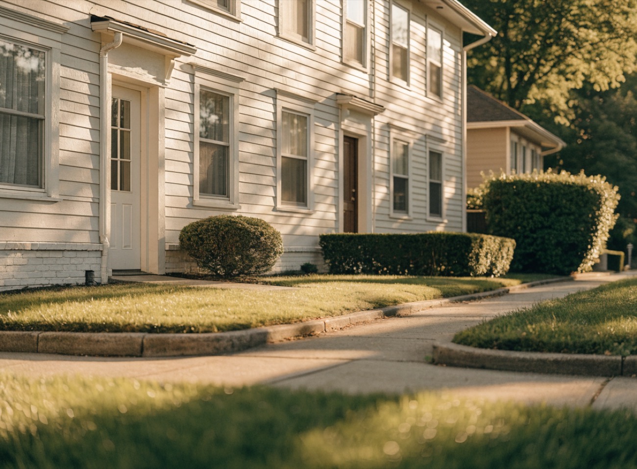 A well-kept rental duplex on a quiet, tidy residential street in warm afternoon light